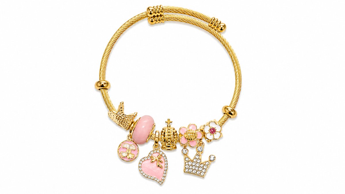 💫 Pandora Style Bracelet – pink heart and crown