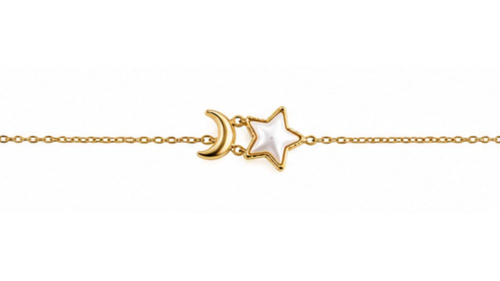 Stainless Steel Moon & Pearl Star Bracelet – Gold