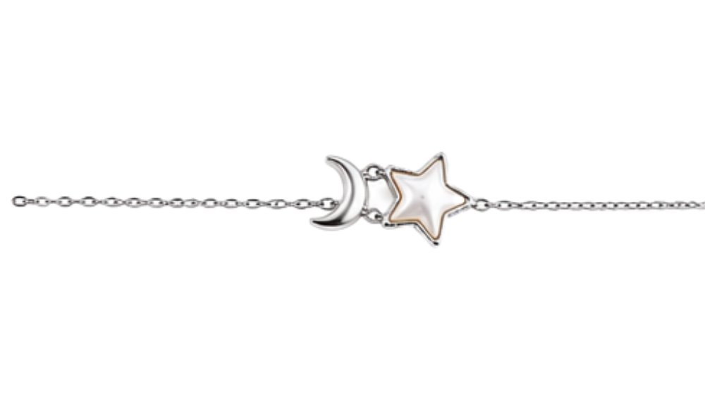 Stainless Steel Moon & Pearl Star Bracelet – Silver