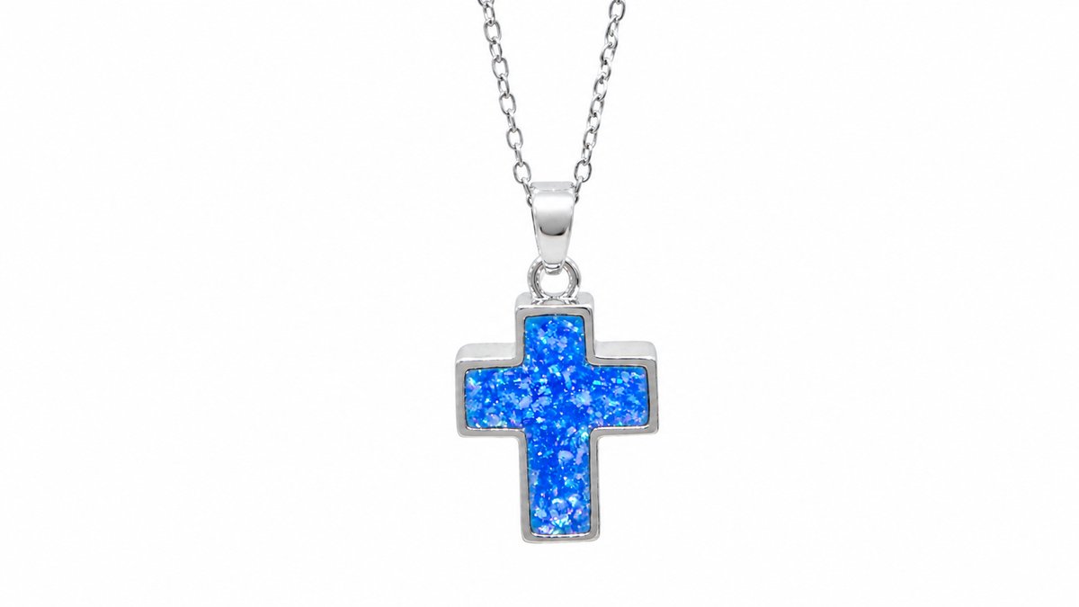 Cross Blue Opal Silver– Stainless Steel Necklace, Shiny Finish