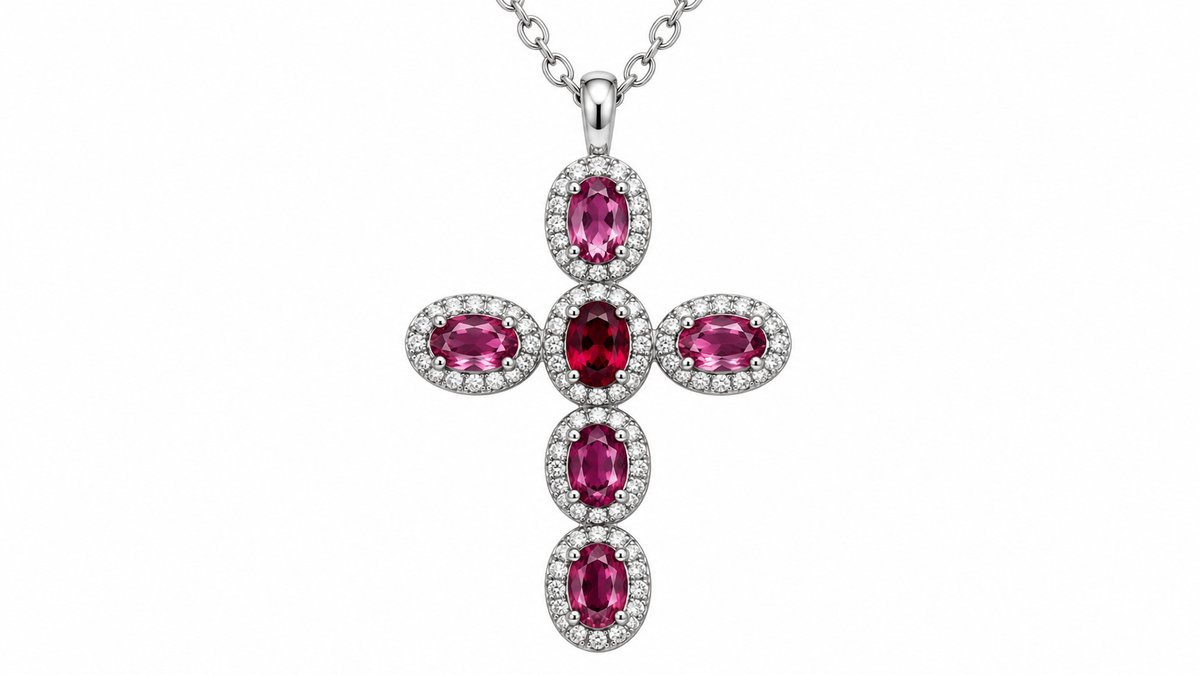 Stainless Steel Silver Cross Necklace with Pink & Red Crystals