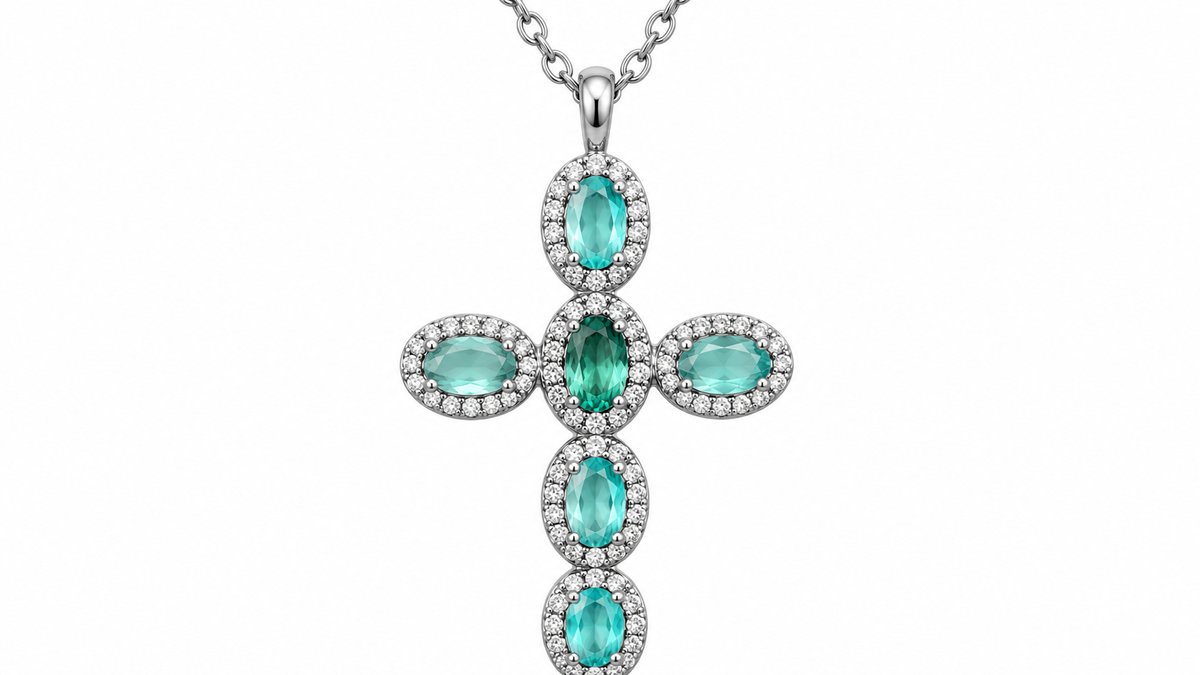 Stainless Steel Silver Cross Necklace with Turquoise Crystals