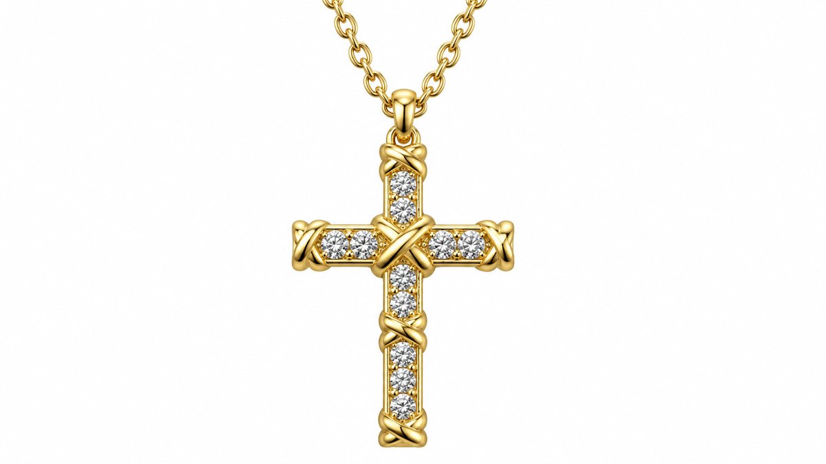 Stainless Steel Gold Crystal Cross Pendant Necklace