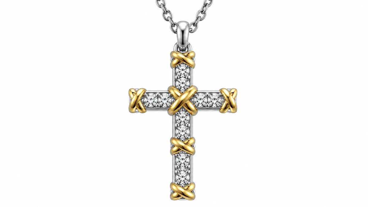 Stainless Steel Two-Tone Crystal Cross Pendant Necklace