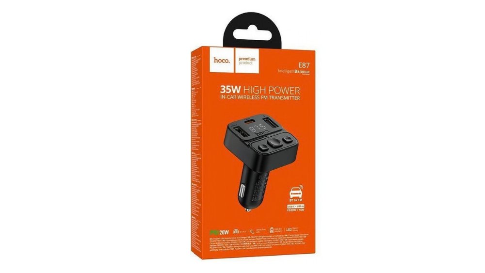 Hoco E87 35W Bluetooth FM Transmitter & Dual Car Charger – USB-C PD + USB-A
