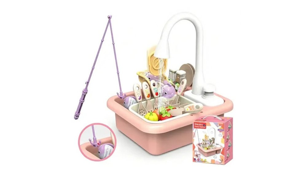 Dreamy Fishing Platform 18-Piece Kids Fishing & Sink Play Set with Running Water