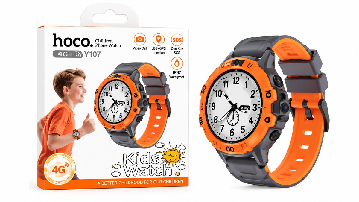 HOCO Y107 4G Kids Smart Watch with GPS, Video Call & SOS – Orange