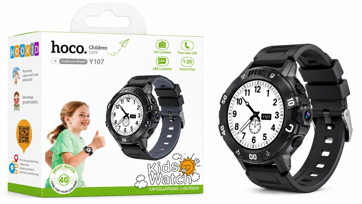HOCO Y107 4G Kids Smart Watch with Camera, Calls & LBS Location – Black