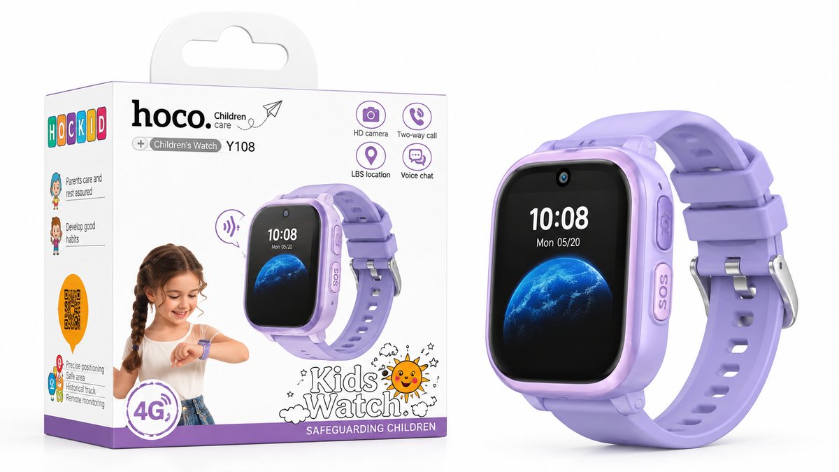 HOCO Y108 4G Kids Smart Watch with Camera, Calls, LBS & SOS – Purple