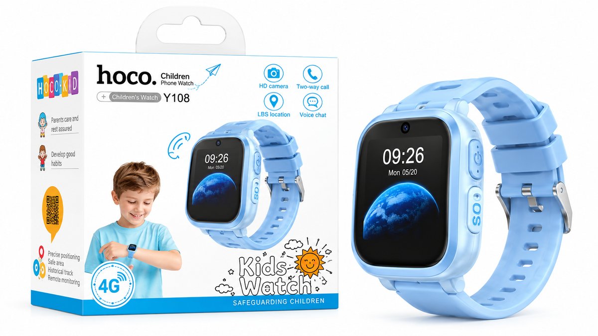 HOCO Y108 4G Kids Smart Watch with Camera, Calls, LBS & SOS – Blue