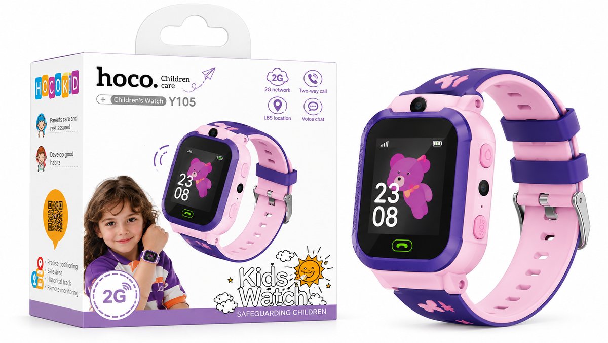 HOCO Y105 2G Kids Smart Watch with Camera, Calls, LBS & SOS – Pink/Purple