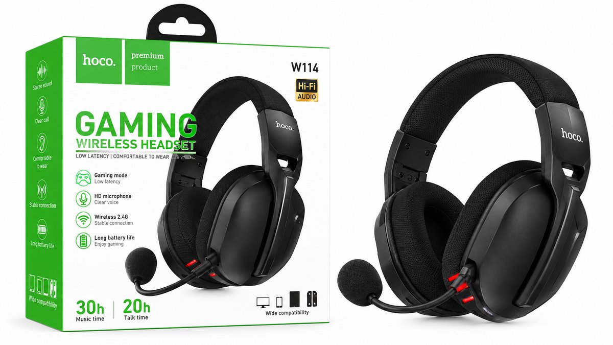 HOCO W114 2.4G Wireless Gaming Headset with HD Microphone – Black