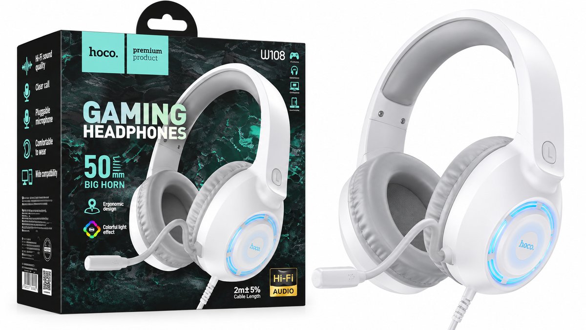 HOCO W108 Gaming Headphones with Microphone, RGB Lights & 50mm Drivers – White