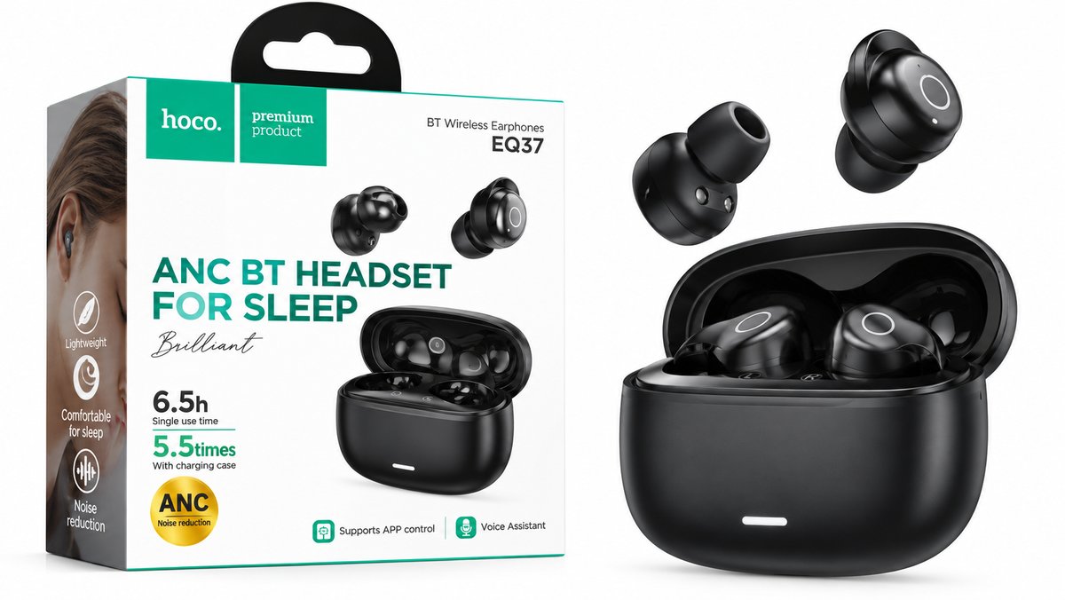 HOCO EQ37 ANC Wireless Sleep Earbuds with Charging Case – Black