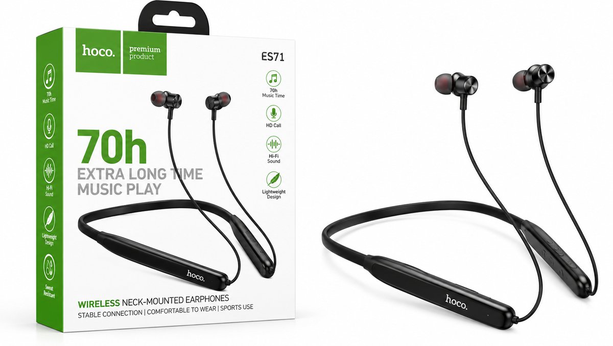 HOCO ES71 Wireless Neckband Earphones – 70H Battery Life – Black