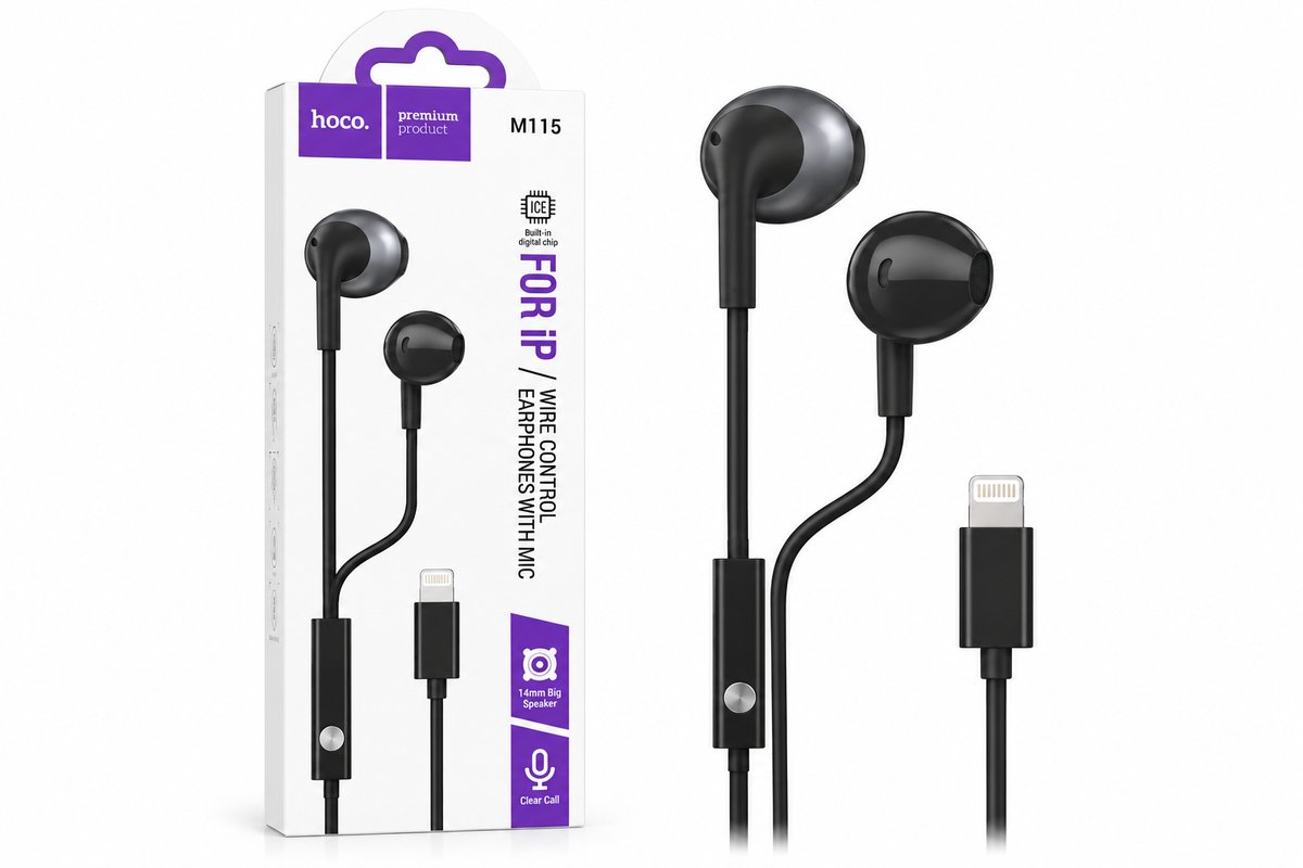 HOCO M115 Lightning Wired Earphones with Microphone – Black