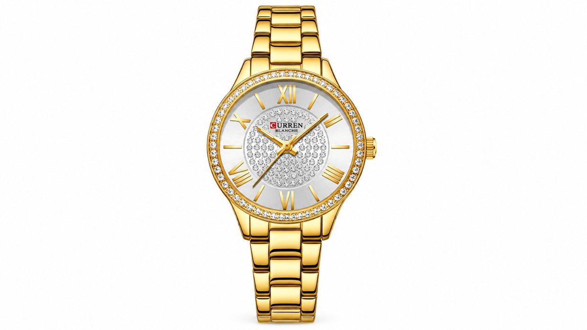 CURREN Blanche Gold Women’s Watch with Crystal Dial & Rhinestone Bezel