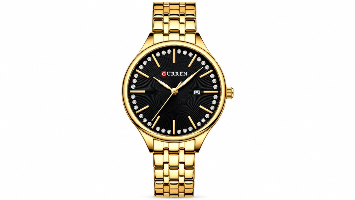 CURREN Gold Women’s Watch with Black Dial, Crystals & Date Display