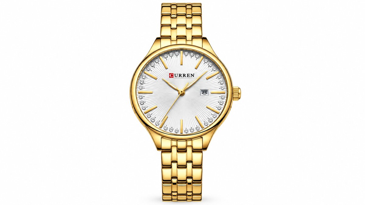 CURREN Gold Women’s Watch with Silver Dial, Crystals & Date Display