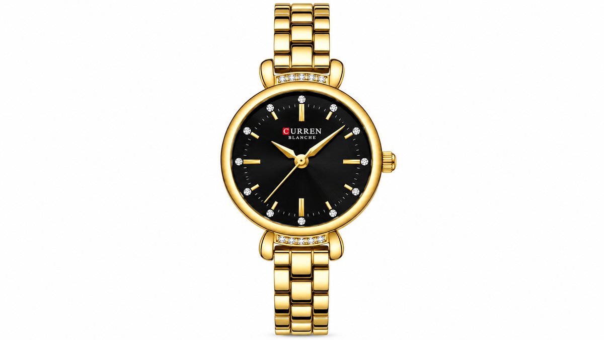 CURREN Blanche Gold Women’s Watch with Black Dial & Crystal Details