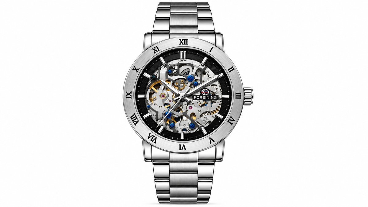 FORSINING Silver Men’s Automatic Skeleton Watch with Roman Numerals