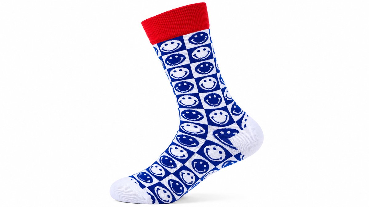 Smiley Face Checkered Long Socks – Blue & White