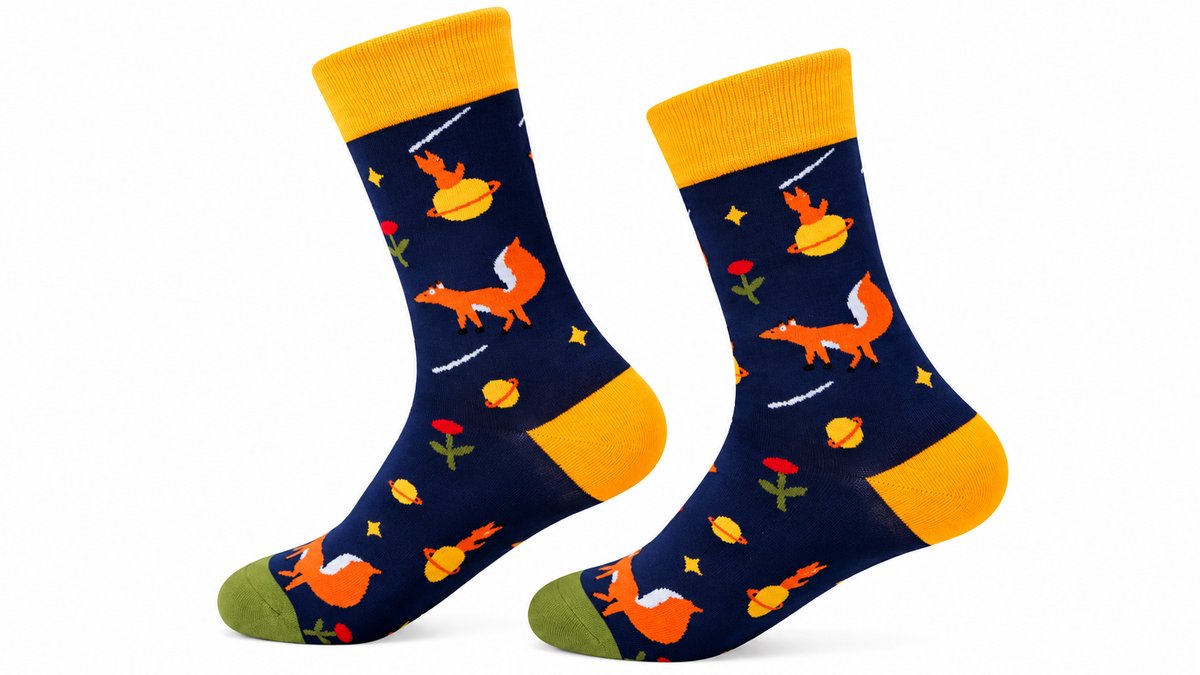 Fox & Space Long Socks – Navy Blue & Orange