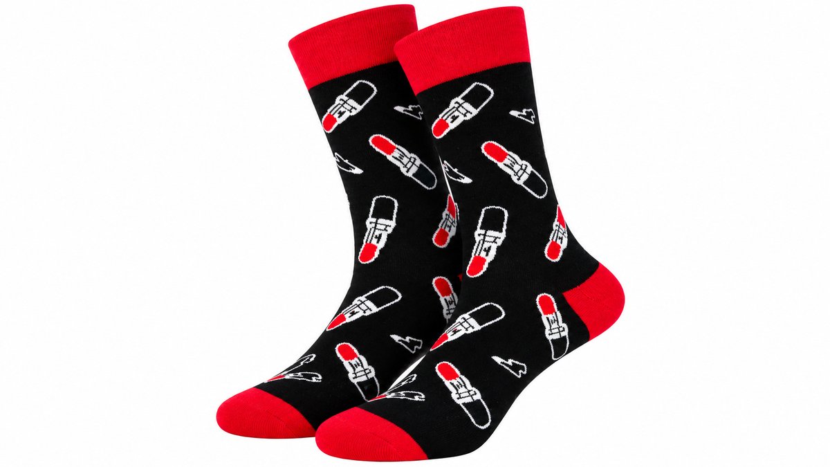 Lipstick Print Long Socks – Black & Red
