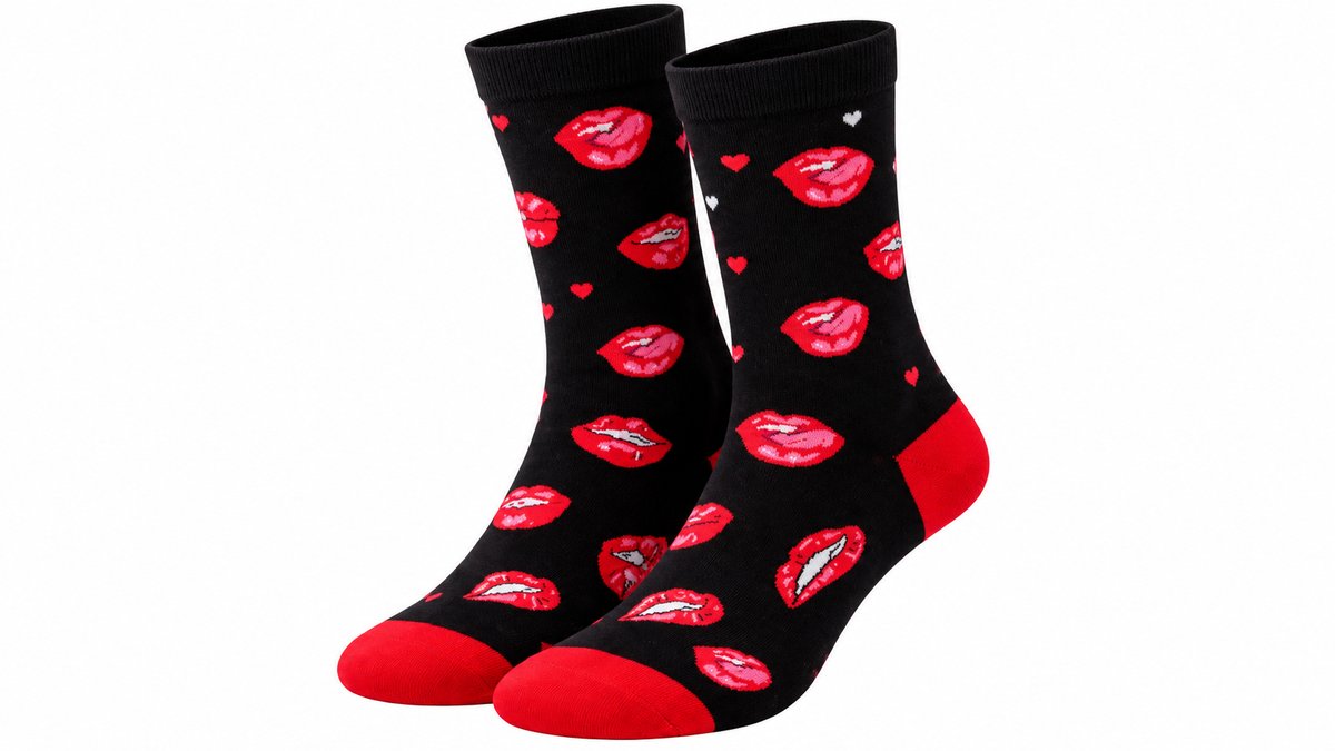 Red Lips & Hearts Long Socks – Black