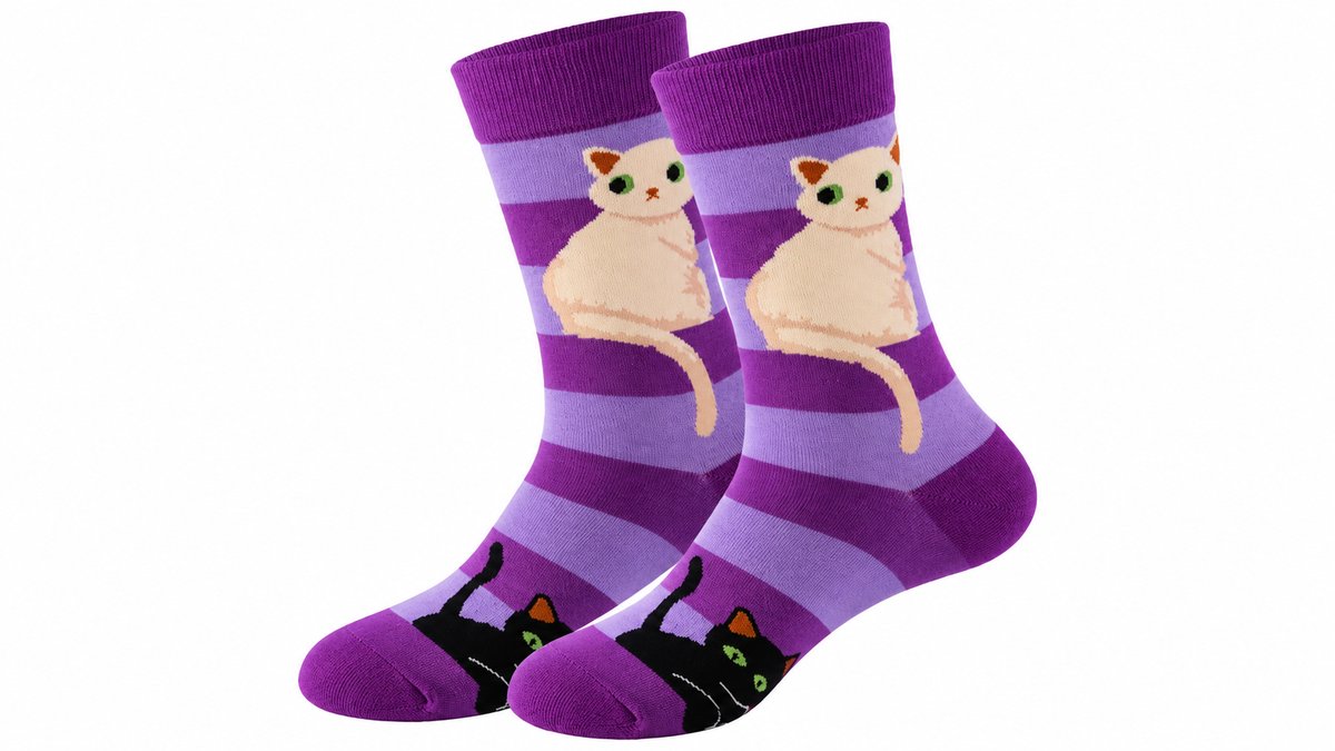 Purple Cat Print Long Socks