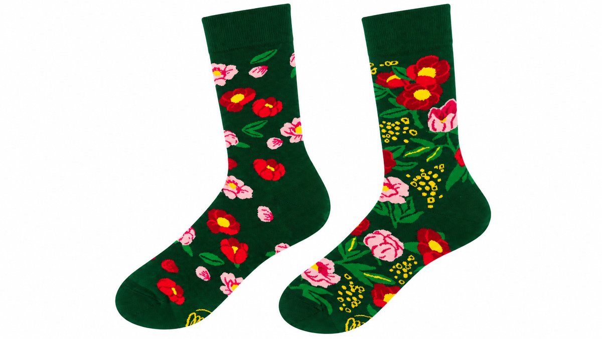 Green Floral Pattern Long Socks – Red & Pink Flowers