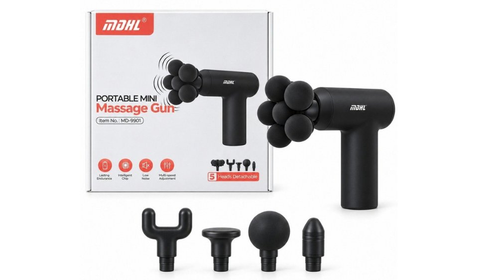 MDHL Portable Mini Massage Gun MD-9901 – 5 Interchangeable Heads – Black