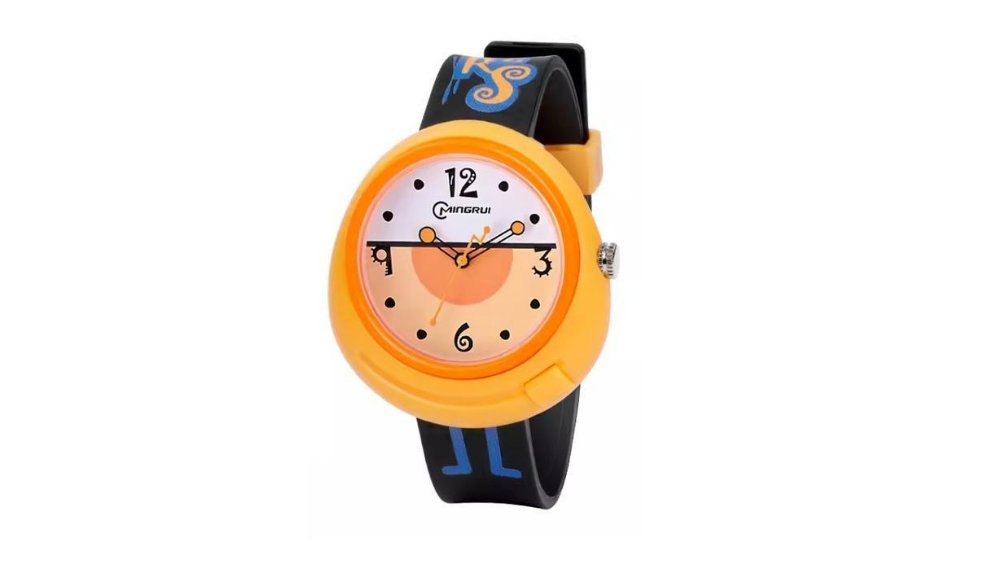 Kids Analog Wristwatch – Black Strap & Orange Round Dial – Fun Cartoon Design