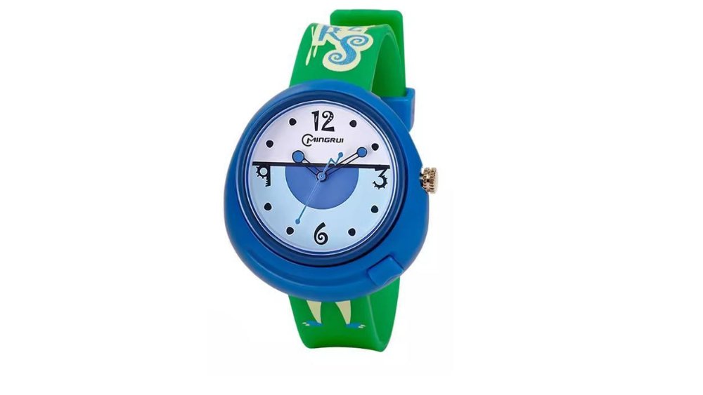 Mingrui Kids Analog Wristwatch – Green Strap & Blue Round Dial – Fun Cartoon Design