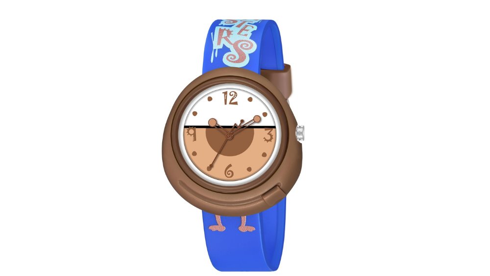 Kids Analog Wristwatch – Blue Strap & Brown Round Case – Fun Cartoon Design