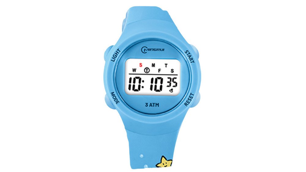 Mingrui Kids Digital Wristwatch – Light Blue Strap & Round LCD Display – Cute Star Design