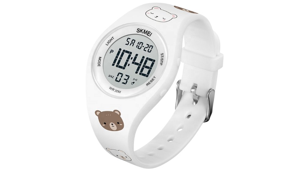 SKMEI Kids Digital Wristwatch – White Strap with Cute Bear Cartoon Design – WR30M