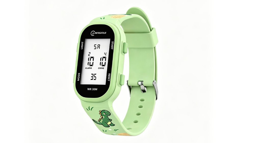 Mingrui Kids Digital Wristwatch – Light Green Strap with Cute Dinosaur Design – WR30M
