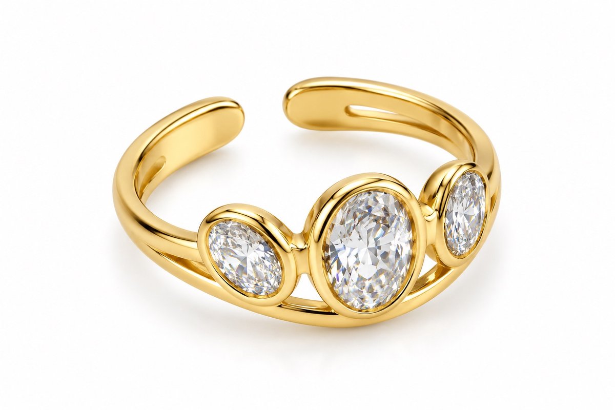 Gold Adjustable Ring with Three Oval Clear Crystals – Elegant Women’s Jewelry