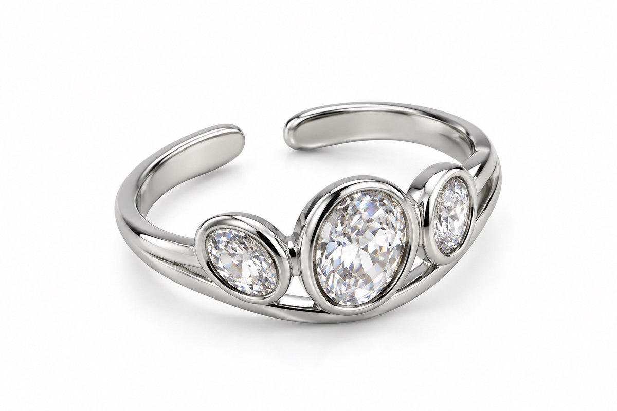 Silver Adjustable Ring with Three Sparkling Clear Stones – Elegant Triple Stone Design