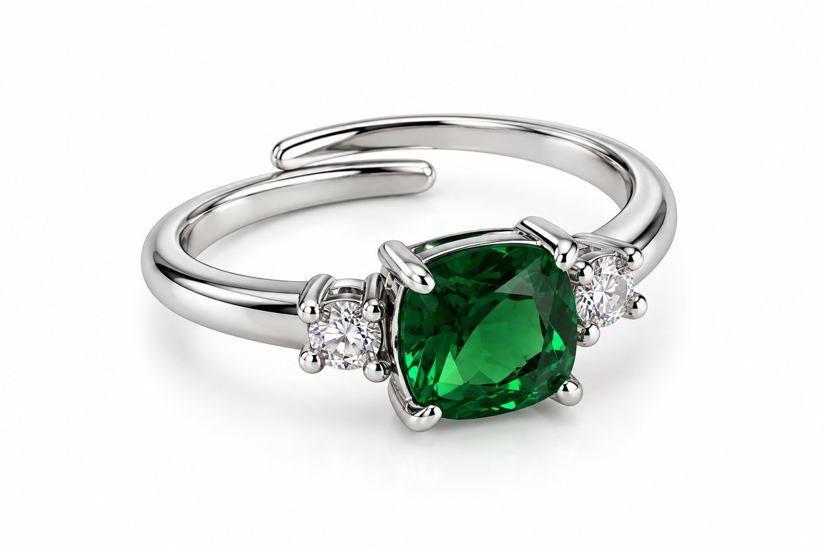 Silver Adjustable Ring with Emerald Green Stone & Clear Crystals – Elegant Three Stone Design