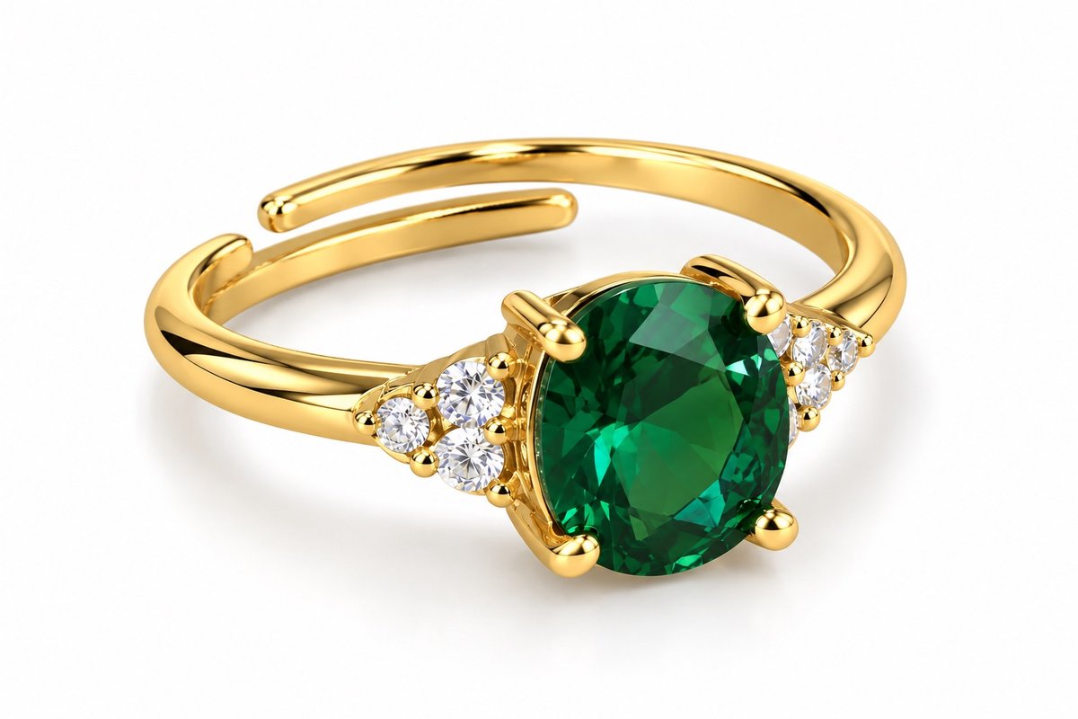 Gold Adjustable Ring with Emerald Green Stone & Sparkling Crystal Accents – Elegant Statement Jewellery