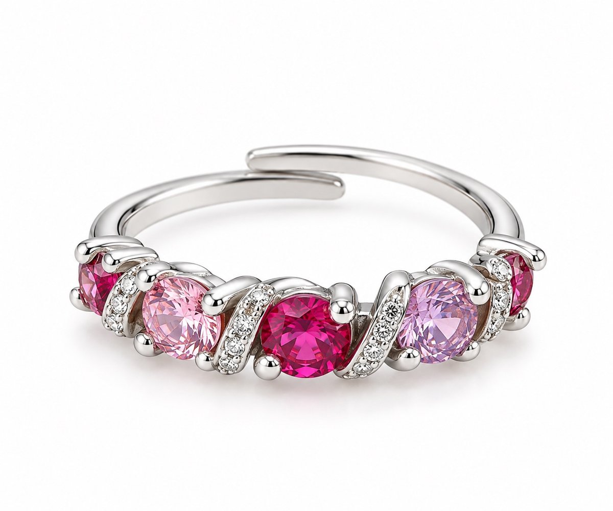 Silver Adjustable Ring with Pink & Fuchsia Crystals – Elegant Sparkling Jewellery