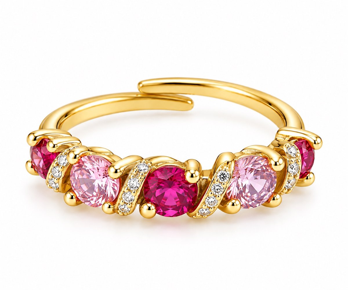 Gold Adjustable Ring with Pink & Fuchsia Crystals – Elegant Sparkling Jewellery