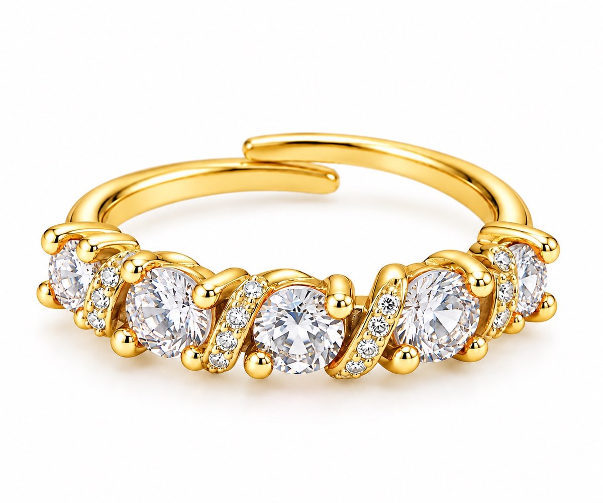 Gold Adjustable Ring with Clear Crystals – Elegant Five-Stone Sparkling Ring