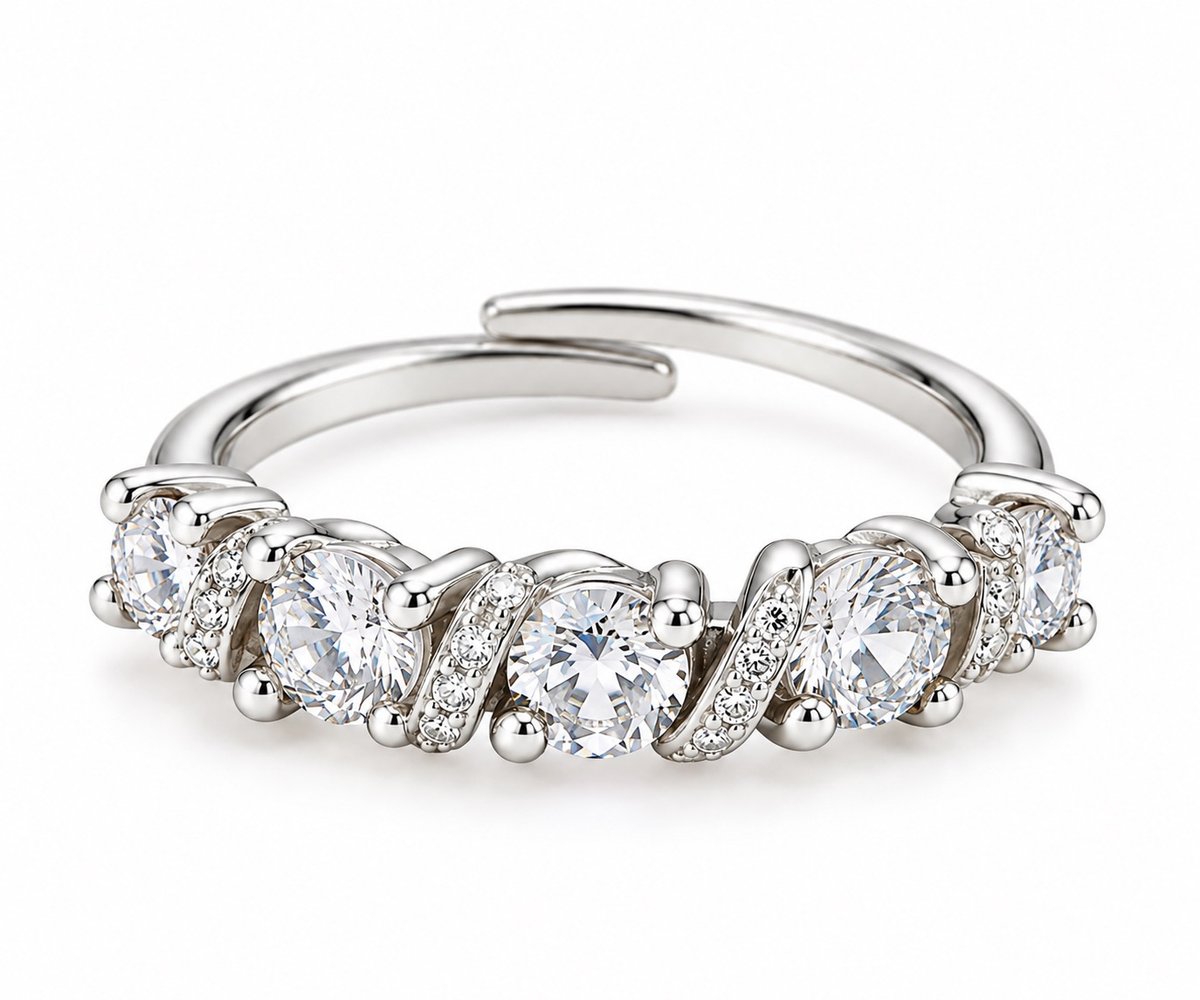 Silver Adjustable Ring with Clear Crystals – Elegant Five-Stone Sparkling Ring