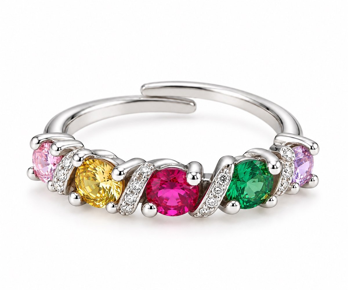 Silver Adjustable Ring with Multicolour Crystals – Elegant Five-Stone Sparkling Ring