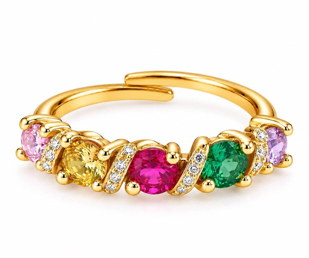 Gold Adjustable Ring with Multicolour Crystals – Elegant Five-Stone Sparkling Ring