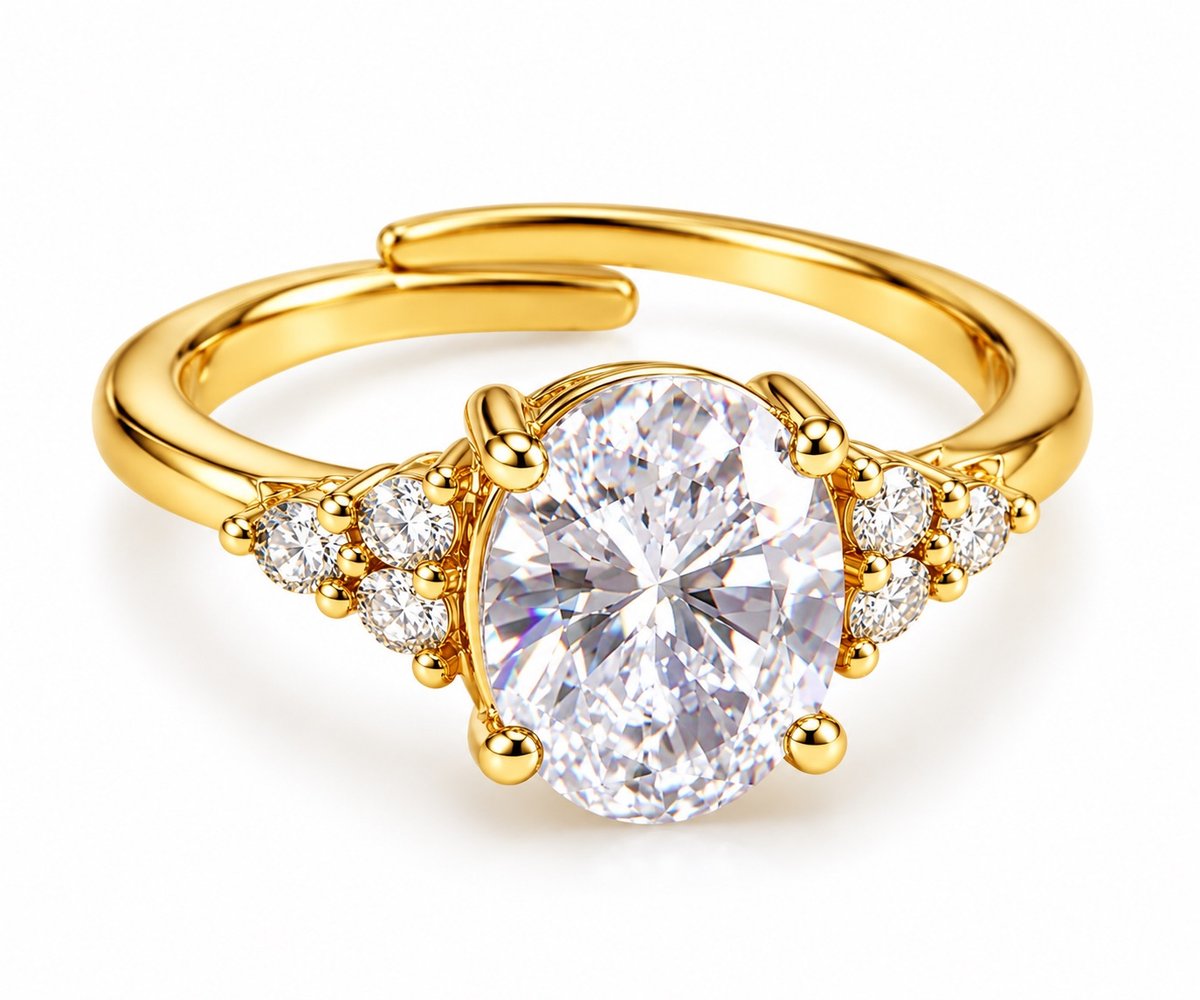 Gold Adjustable Ring with Large Oval Clear Crystal – Elegant Sparkling Statement Ring
