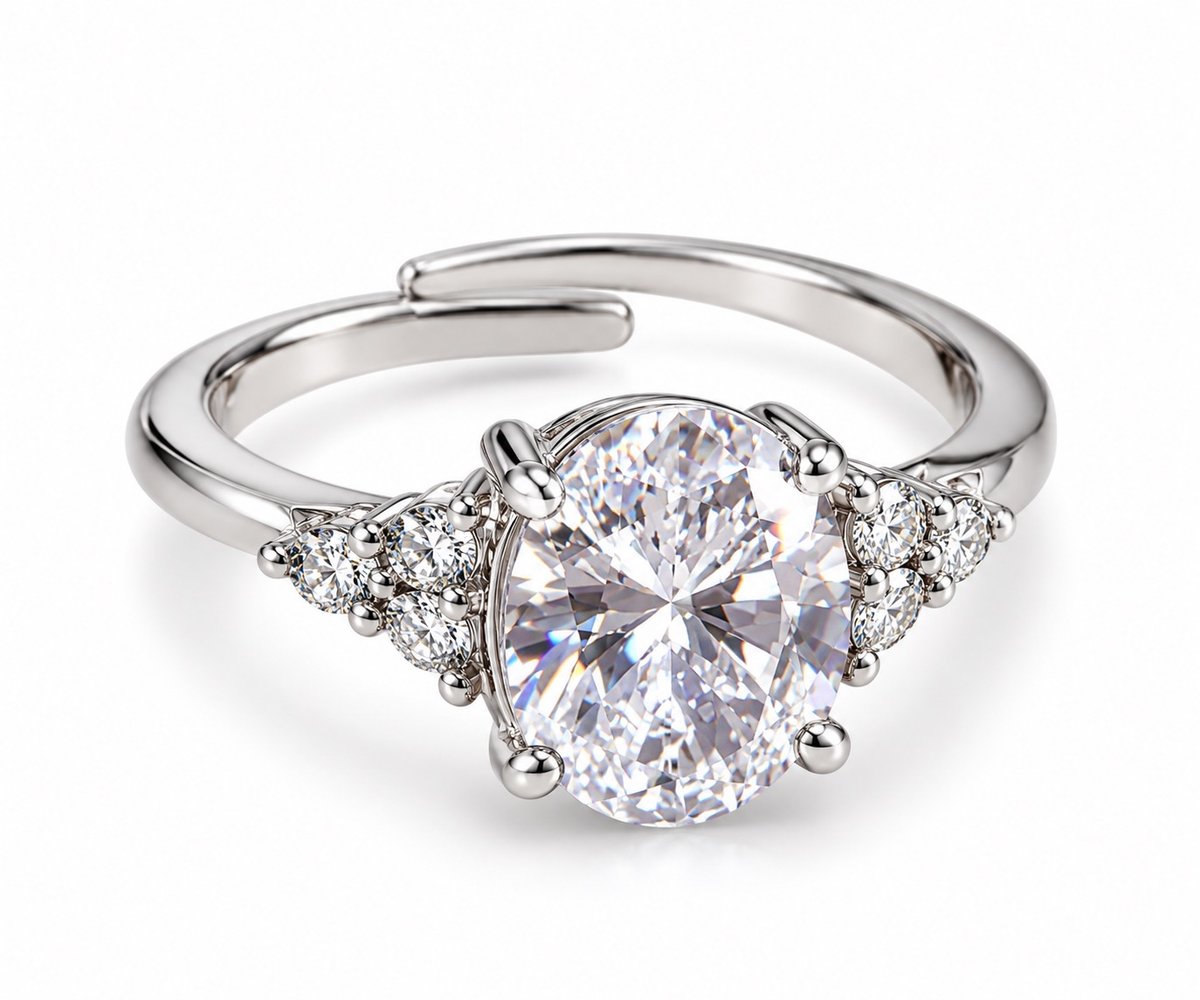 Silver Adjustable Ring with Large Oval Clear Crystal – Elegant Sparkling Statement Ring
